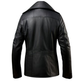 Men’s Notched Lapel-Collar Black Sheepskin Double-Breasted Leather Pea Coat